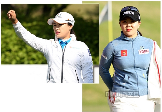교촌 허니 레이디스 오픈 1라운드, 바람을 확인하는 지한솔과 겉옷을 겹쳐입은 이효린. 사진=마니아리포트 DB