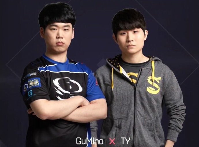 올해에만 7번째 만나는 고병재(왼쪽)과 전태양이 GSL 시즌2 4강 티켓을 놓고 일합을 벌인다(사진=GSL 방송 화면 캡처).