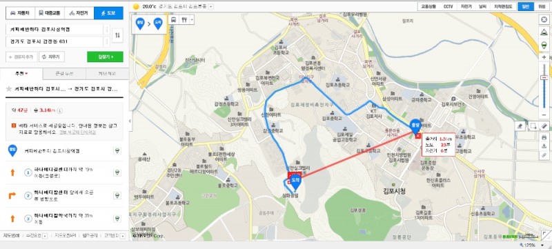 김포시청역에서 김포센트럴헤센까지 걸을 때 거리(자료=네이버 지도)