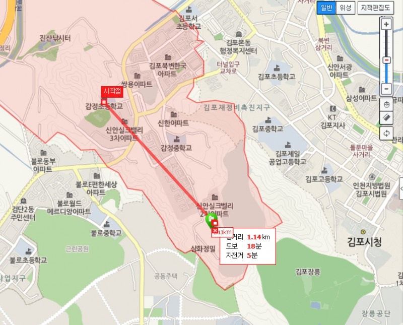김포 센트럴 헤센에서 감정초등학교까지의 직선거리(자료=네이버 지도) 