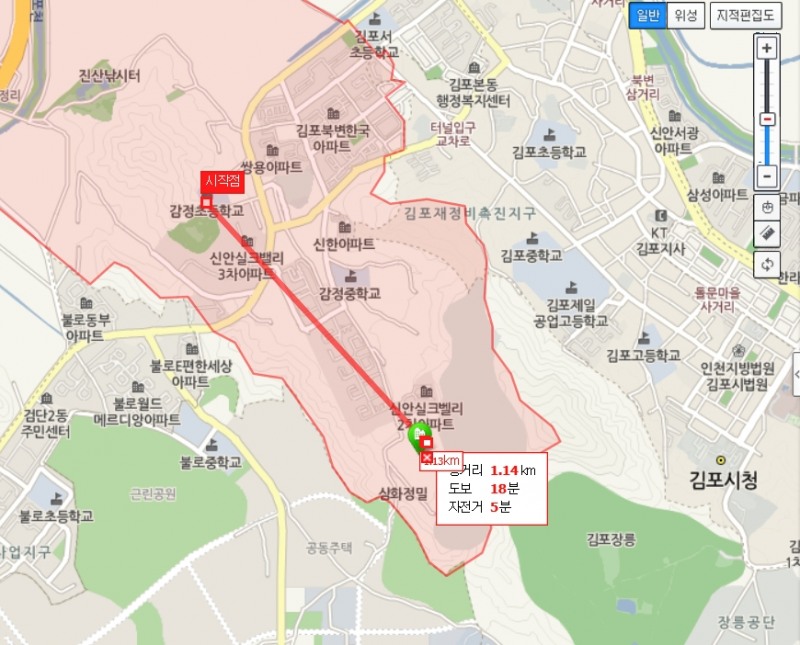 김포 센트럴 헤센에서 감정초등학교까지의 직선거리(자료=네이버 지도)