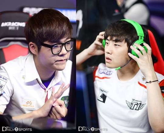 진에어 그린윙스 '테디' 박진성(왼쪽)과 SK텔레콤 T1 '뱅' 배준식의 손에 팀의 연패 탈출 여부가 달렸다.