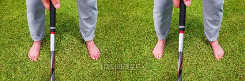 힘을 주는 포인트는 다리와 허벅지가 아니라 발가락이다. 발가락에만 힘을 주어도(우측) 하체는 안정적이고 견고해진다.