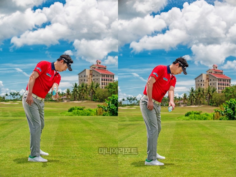 지면을 누르는 강한 테이크어웨이(왼쪽). 느슨하고 힘이 없는 테이크어웨이(우측)