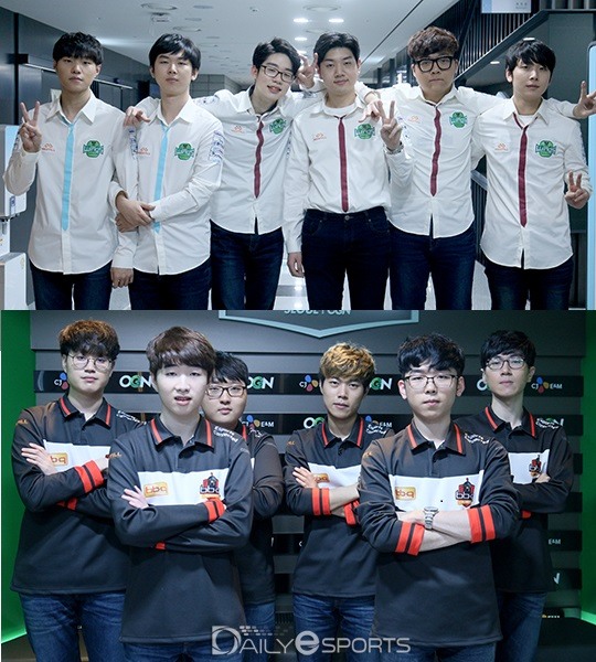 진에어 그린윙스(위)와 bbq 올리버스가 1라운드 전패 탈출을 목표로 일합을 펼친다.