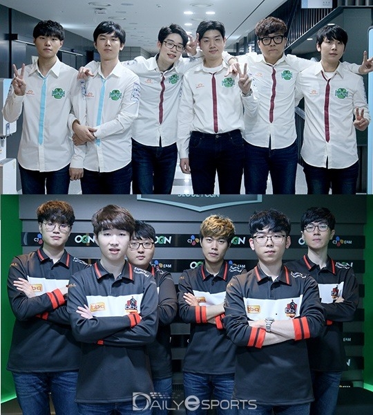 ◇진에어 그린윙스(위)와 bbq 올리버스가 1라운드 전패 탈출을 목표로 일합을 펼친다.