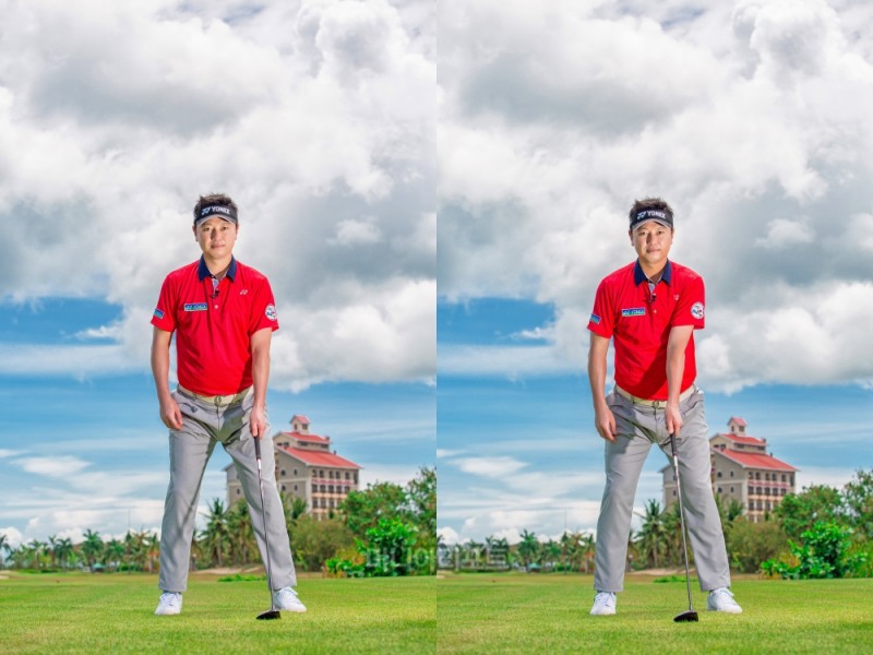 왼쪽 겨드랑이를 조이지 않았을 때(왼쪽)와 꽉 조였을 때(오른쪽)의 이미지.