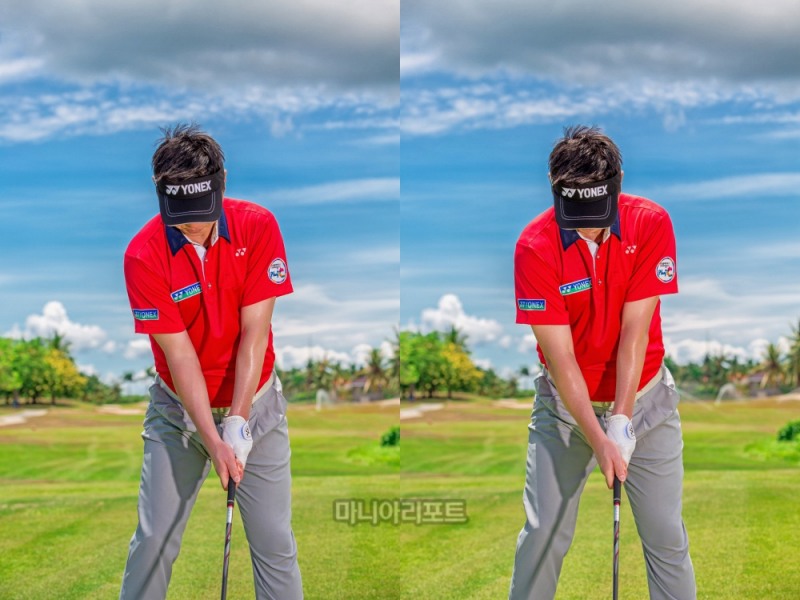 조이지 않았을 때(왼쪽)와 조였을 때의 어드레스. 왼팔 뒤에 남아있는 셔츠의 크기를 통해 왼팔을 몸에 적극적으로 붙였는지 아닌지 확인할 수 있다.