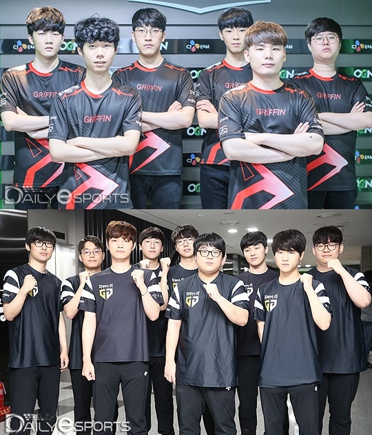롤드컵 한국 대표 선발전 2라운드에서 대결하는 그리핀(위)와 젠지 e스포츠.