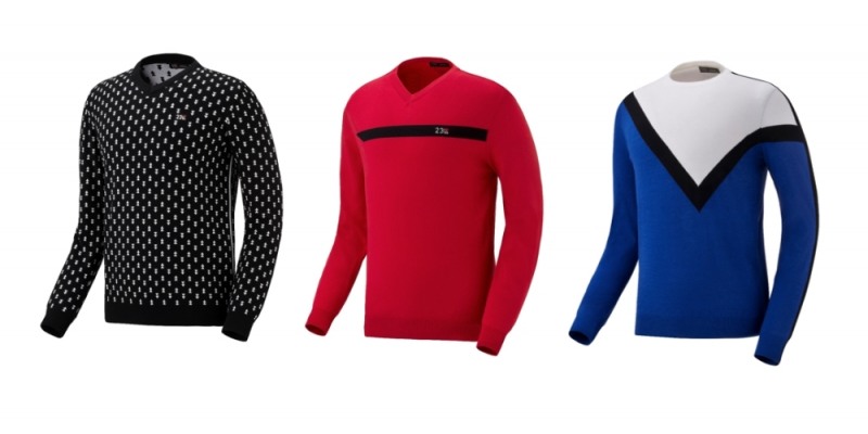 (왼쪽부터)패턴 풀오버_ 35만8000원 / 브이넥 풀오버_ 31만8000원 / 컬러 블록 풀오버_ 33만8000원. 모두 23구골프