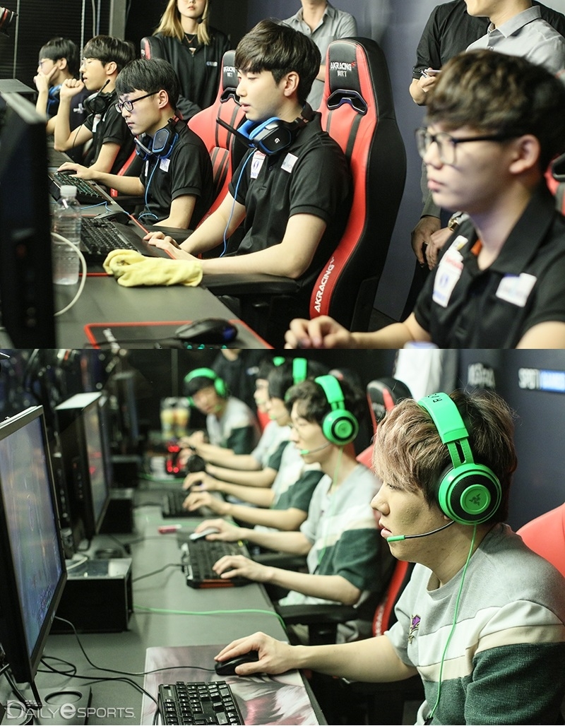 담원 게이밍(위)과 배틀 코믹스가 2019년 롤챔스 스프링 진출을 위한 일합을 벌인다.