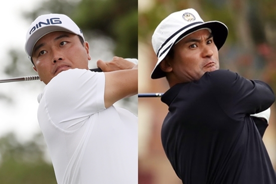 공동 선두로 첫 승에 도전하는 권명호와 국내 최초 프로암 형식의 정규투어 대회에서 샷을 선보이는 박찬호. 사진=KPGA