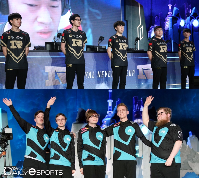 B조 1위 자리를 놓고 단판 승부를 펼치는 로얄 네버 기브업(위)과 클라우드 나인.