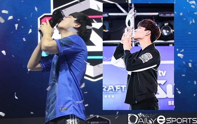 KSL 시즌1을 우승한 김성현(왼쪽)과 ASL 시즌5를 제패한 정윤종.