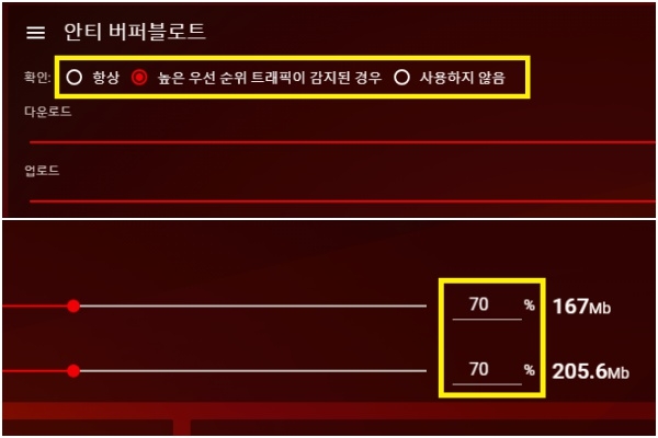 안티 버퍼블로트 기능을 활용하면 공유기에 접속한 다른 기기에서의 과부하로 인해 게임 끊김 현상이 발생하는 일을 미연에 방지할 수 있다.