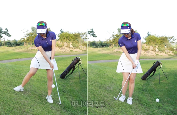 볼이 경사에 놓였을 때, 볼을 띄우는 샷(좌)과 볼을 굴리는 샷(우)