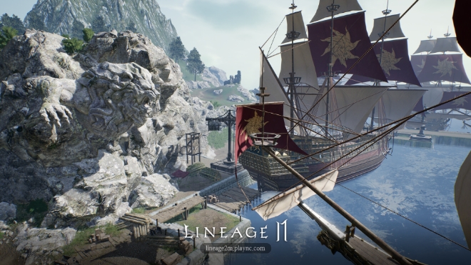 말하는 섬을 떠나 모험이 시작되는 글루딘 항구의 모습.