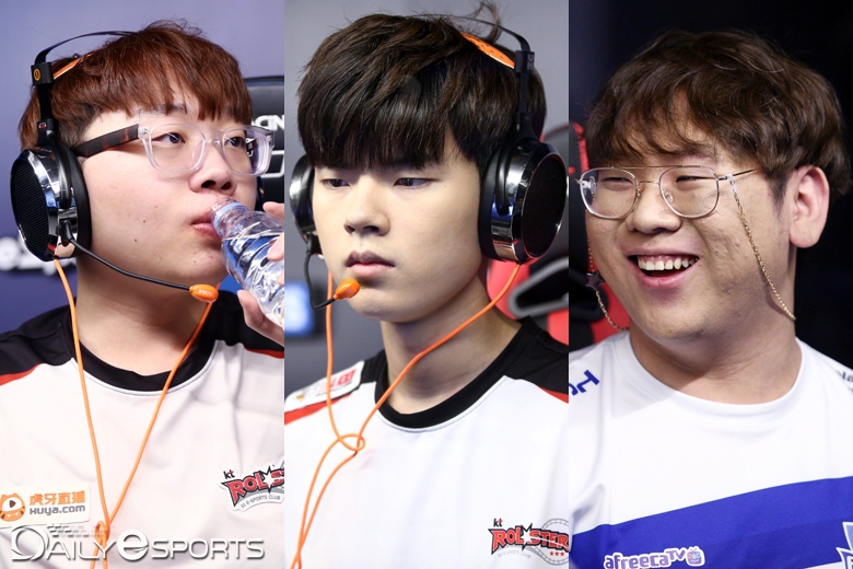 2019 시즌 킹존 드래곤X의 유니폼을 입을 '폰' 허원석, '데프트' 김혁규, '투신' 박종익(왼쪽부터).