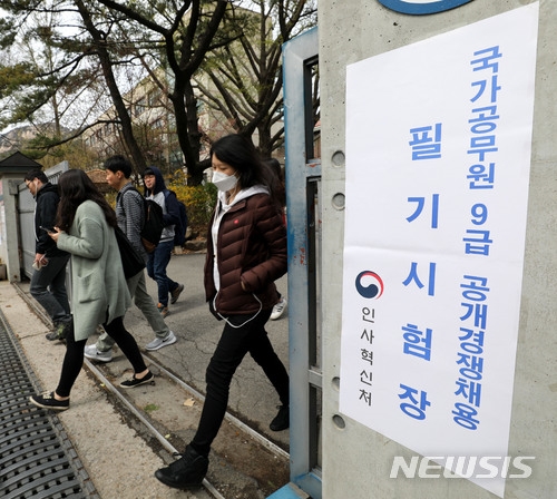 2018년도 국가공무원 9급 공채 필기시험이 치러지는 7일 오전 서울 종로구 경복고등학교에서 시험을 마친 수험생들이 고사장을 나서고 있다. 총 4,953명을 선발하는 이번 시험에는 20만2,978명이 지원해 41대1의 경쟁률을 기록했다. 올해 지원자 수는 22만8,000여명이 지원했던 지난해보다는 2만5,000여명이 줄었다. 사진=뉴시스