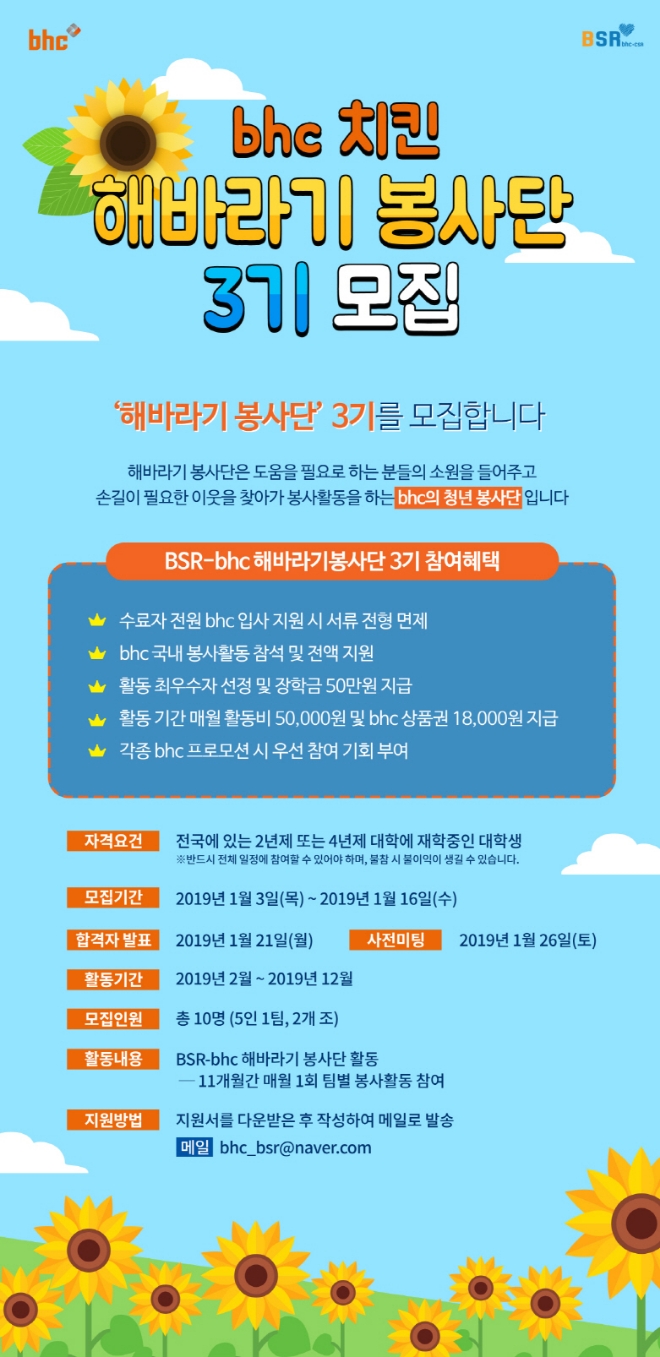 bhc가 지난 3일부터 오는 21일까지 청년층으로 이뤄진 3기 '해바라기 봉사단'을 모집한다고 밝혔다.  사진=bhc