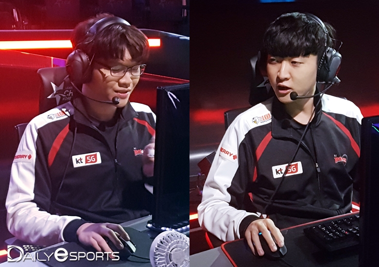 kt 롤스터가 1세트에 내세운 '킹겐' 황성훈(왼쪽)과 '강고' 변세훈.