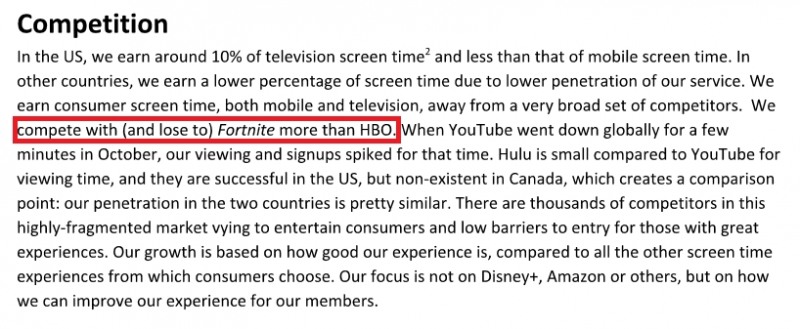 넷플릭스는 최근 발표한 실적 보고서를 통해 에픽게임즈의 '포트나이트'를 경쟁자로 지목했다.