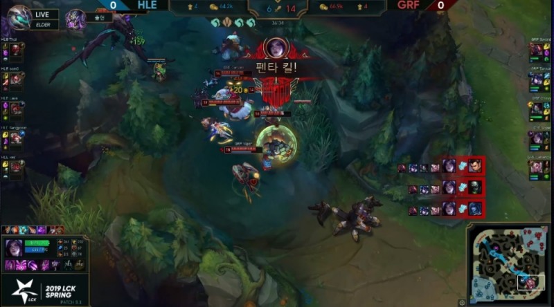 그리핀의 원거리 딜러 '바이퍼' 박도현의 카이사가 기록한 시즌 첫 펜타킬(사진=생중계 화면 캡처).