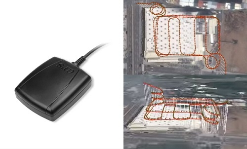 사진=SDM-3535GL/SDM-3535GB 제품이미지(좌) / DR수신기로 지하주차장 운행 경로를 구글 지도에 표시한 결과이미지(우)