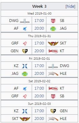 LCK 2019 스프링 3주차 일정 및 대진.
