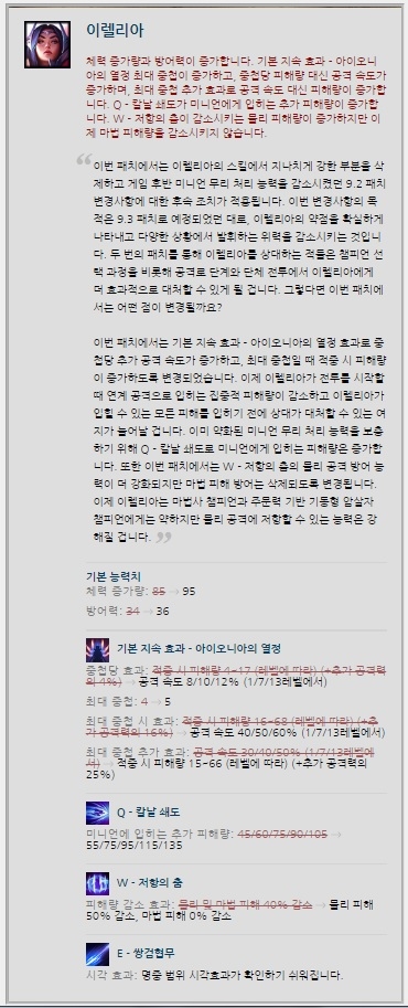9.3 패치 노트 가운데 가장 길었던 하향된 이렐리아에 대한 설명.