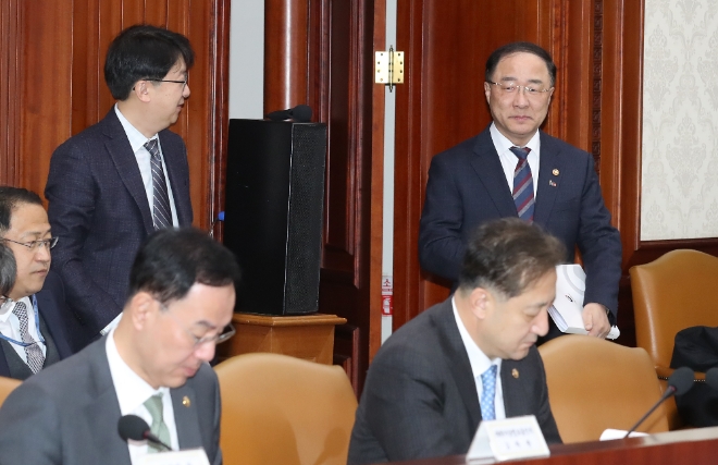 홍남기 경제부총리 겸 기획재정부 장관(오른쪽)이 13일 오전 서울 종로구 정부서울청사 영상회의실에서 열린 제8차 경제활력대책회의에 참석하고 있다. 사진=뉴시스