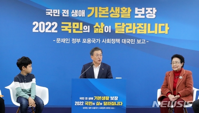 문재인 대통령이 19일 서울 노원구 월계문화복지센터에서 열린 문재인 정부 포용국가 사회정책 대국민 보고에서 모두발언하고 있다. 사진=뉴시스