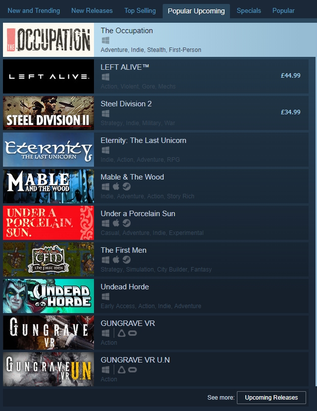 PC게임 오픈마켓 스팀 출시예정작 리스트.