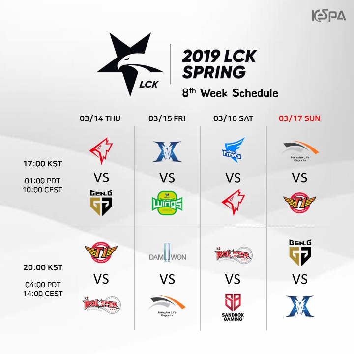 LCK차 스프링 8주차 일정(사진=한국e스포츠협회 페이스북 발췌).