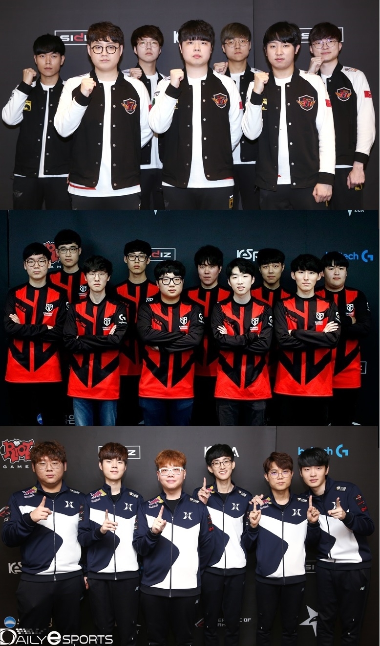 2위 자리를 놓고 경합을 벌이고 있는 SK텔레콤 T1과 샌드박스 게이밍, 킹존 드래곤X(위부터).