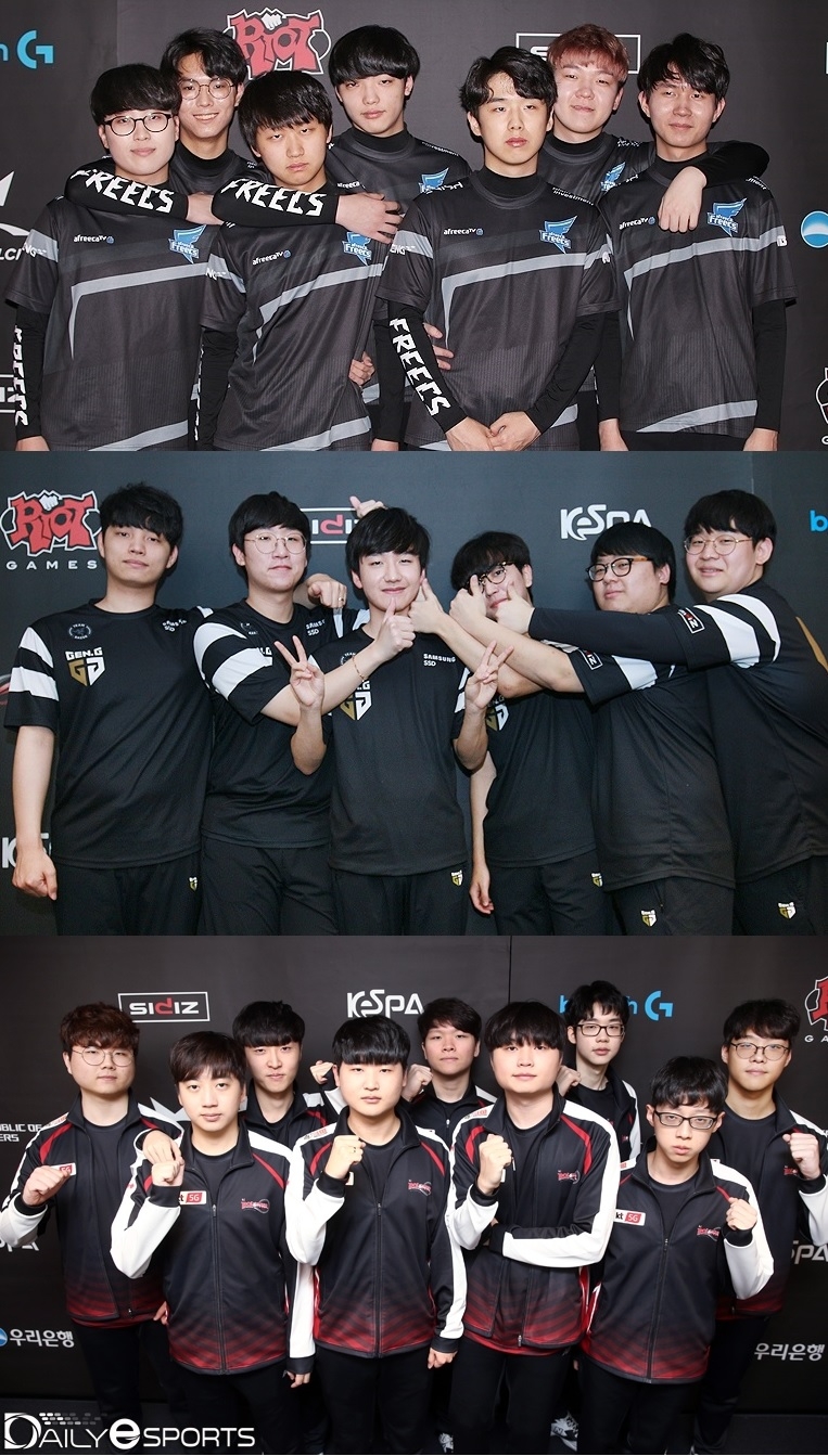 승강전에 가지 않기 위해 사투를 벌이고 있는 아프리카 프릭스, 젠지 e스포츠, kt 롤스터(위부터).