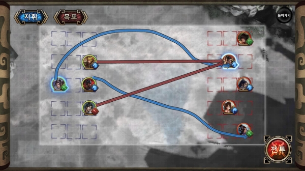 '삼국지 인사이드' 전투 장면. 병과별 상성이나 무장의 궁극기를 적절히 활용해야 한다.