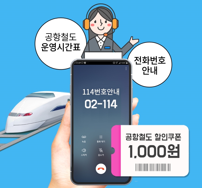 ‘02-114’로 전화를 걸면 공항철도 직통열차 시간표와 열차표 할인쿠폰을 문자로 즉시 안내 받을 수 있다. 매표소에 문자를 보여주면 1천원 할인 받은 금액 8,000원으로 공항철도 직통열차를 이용할 수 있다.