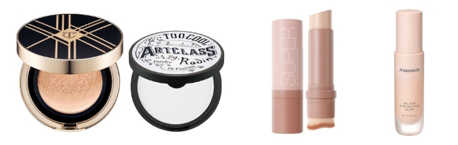 왼쪽부터 투쿨포스쿨 ‘아트클래스 스튜디오 드 땅뜨 픽싱 커버 쿠션’, ‘아트클래스 바이로댕 피니쉬 세팅 팩트’,조성아 ‘슈퍼킷 커버 스틱파운데이션 2X’, 마몽드 ‘올 스테이 파운데이션 글로우’