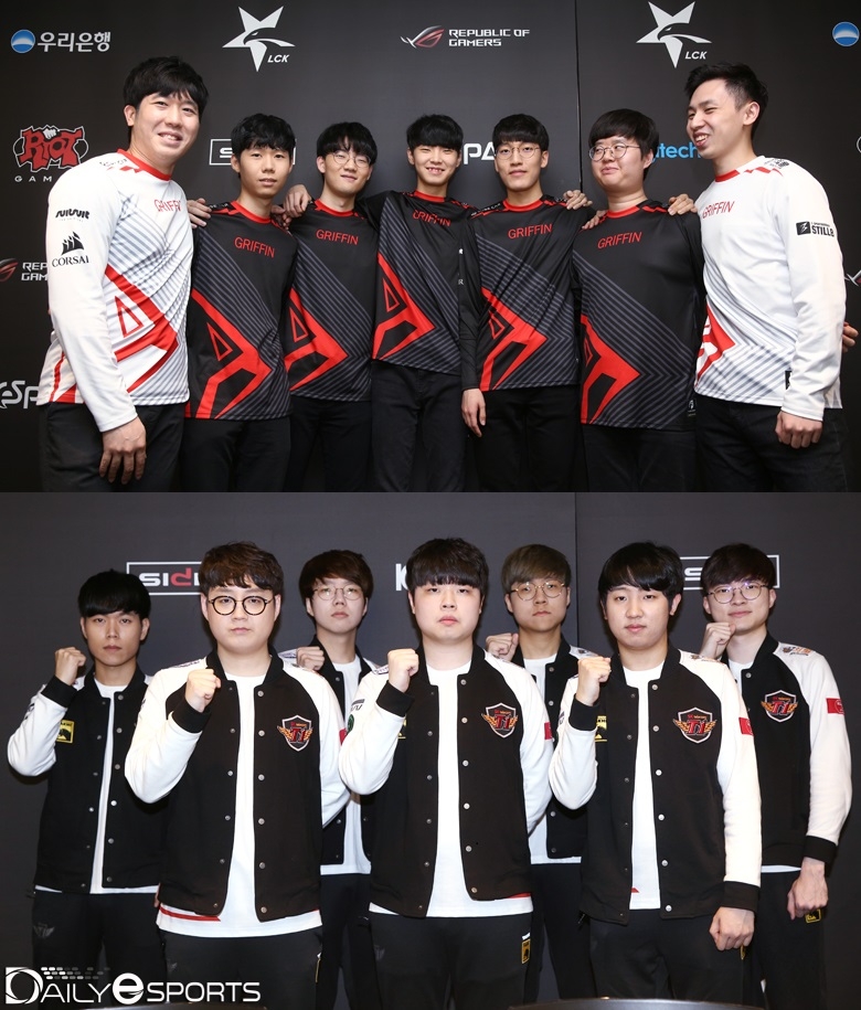 LCK 2019 스프링 결승에서 맞붙는 그리핀(위)와 SK텔레콤 T1.