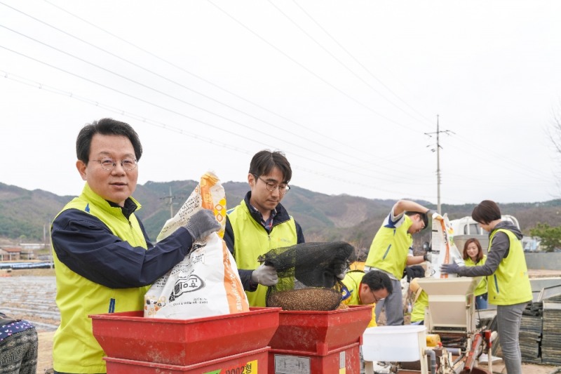농협금융지주 김광수 회장과 임직원 봉사단 30여명이 19일 강원도 홍천 왕대추 마을을 찾아 본격적인 영농철 일손돕기를 실시하고 있다.