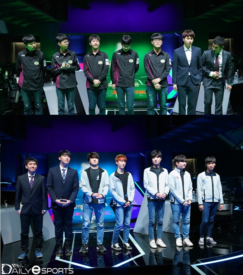 LCK 서머 승강전 최종전에서 맞붙는 진에어 그린윙스(위)와 ES 샤크스.