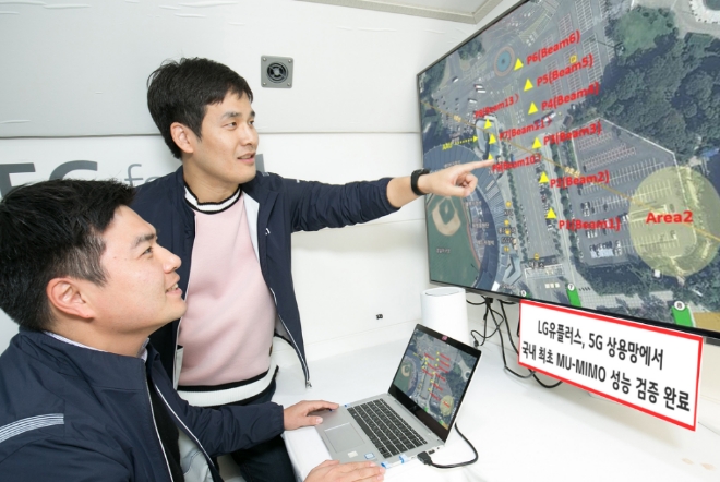 LG유플러스(부회장 하현회)는 MU(Multi User) MIMO 기술을 활용해 잠실야구장에서 삼성전자 갤럭시 S10 5G 8대로 동시 접속 속도를 측정한 결과, 국내 최초로 기지국 속도가 1.8Gbps 이상의 속도를 구현했다고 28일 밝혔다. / 사진 제공 = LG유플러스