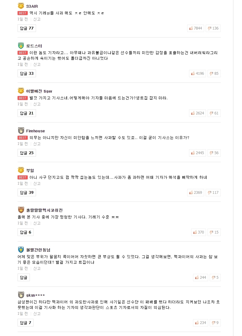 해당 매체의 기사에 달린 포털 덧글 페이지 캡쳐.