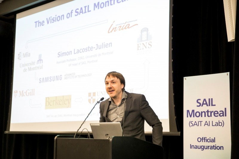5월1일(현지시간) 열린 삼성전자 종합기술원 몬트리올 AI 랩 확장이전 행사에서 사이몬 라코스테 줄리앙(Simon Lacoste-Julien, 몬트리올大) 랩장이 환영사를 하고있다.
