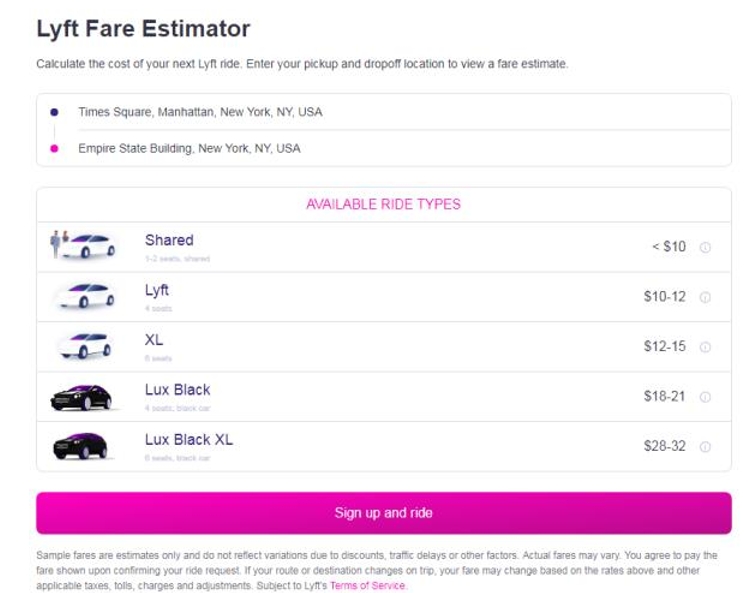 (도표 = 리프트의 차량 구분에 따른 요금 차이,  자료 : LYFT)