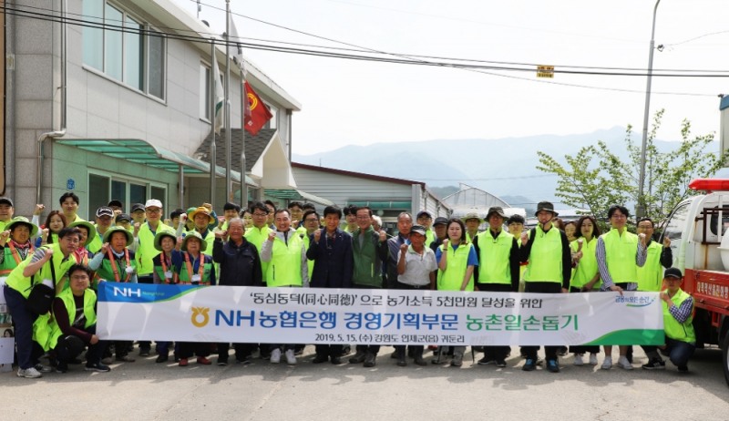 이창호 수석부행장(앞줄 왼쪽부터 일곱 번째)과 경영기획부문 직원들이 강원도 인제군 귀둔리마을에서 농촌일손돕기를 실시하고 기념사진을 촬영하고 있다. / 사진 제공 = 농협은행