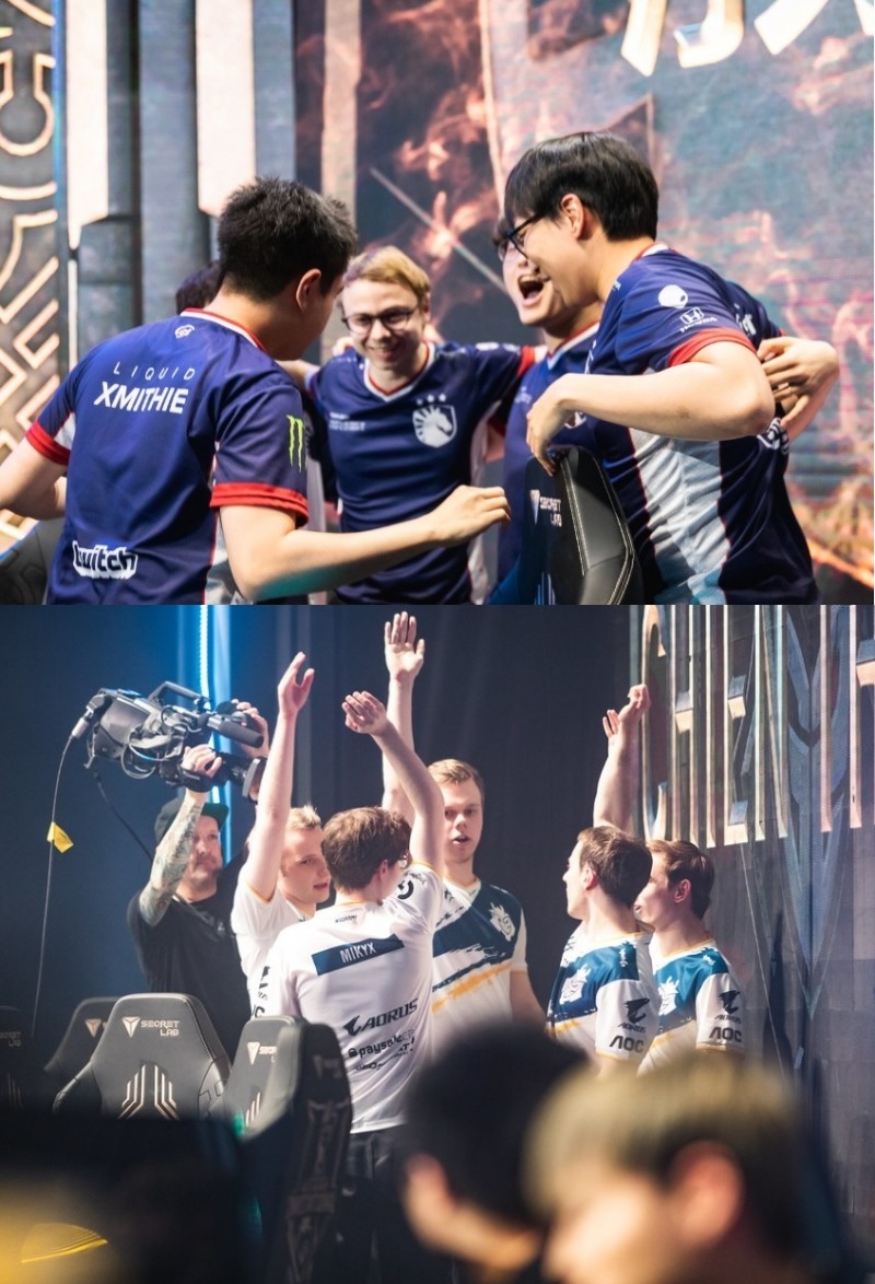 MSI 2019 결승전에서 맞붙는 북미 대표 리퀴드(위)와 유럽 대표 G2 e스포츠(사진=라이엇 게임즈 제공).
