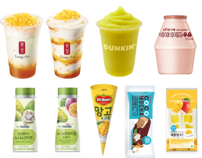 (좌측 위부터) 공차코리아 ‘리얼 망고 밀크티’와 ‘리얼 망고 요거티 크러쉬’, 던킨도너츠 ‘깔라만시 크러쉬’, 빙그레 ‘리치피치맛우유’, 대상웰라이프 ‘영양플러스 노니&산야초’와 ‘노니&트로피컬 스무디’, 롯데푸드 ’델몬트 망고&크림’, 롯데제과 ‘코코모카바’, 세븐일레븐 ‘듬뿍애플망고샌드 / 사진 제공 = 공차코리아