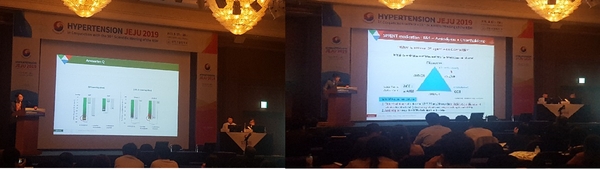 지난 18일 열린 대한고혈압학회 춘계학술대회 산학세션에서 건국의대 김성해 교수(左)와한양의대 신진호 교수(右)가 주제발표를 진행하고 있다./사진 제공 = 한미약품